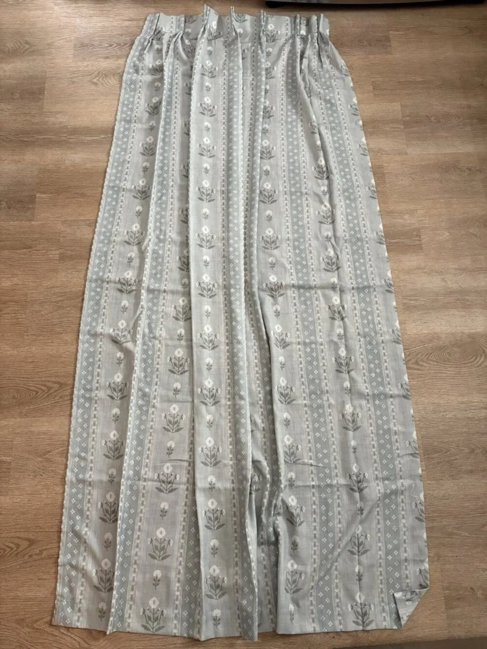 Blue Grey Pinch Pleated Floral Curtain Panel 82” Long